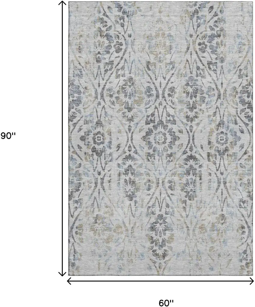 Gray And Blue Floral Washable Area Rug With UV Protection Photo 8
