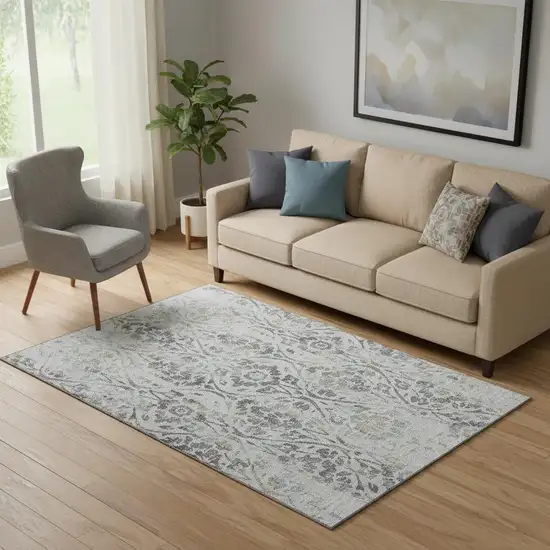 Gray And Blue Floral Washable Area Rug With UV Protection Photo 1