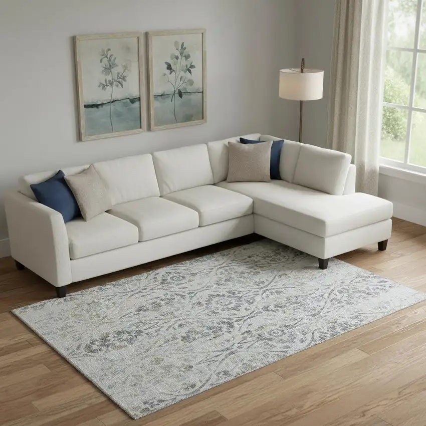 Gray And Blue Floral Washable Area Rug With UV Protection Photo 1