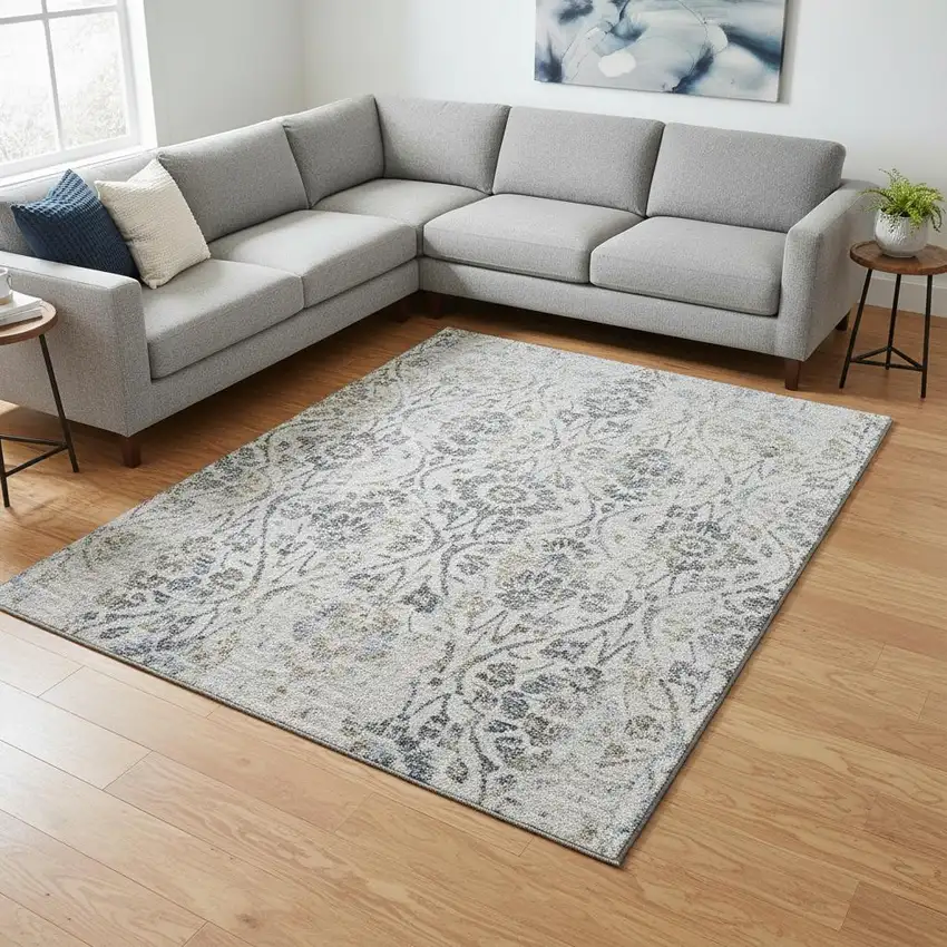 Gray And Blue Floral Washable Area Rug With UV Protection Photo 2
