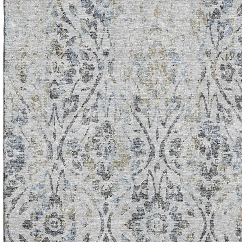 Gray And Blue Floral Washable Area Rug With UV Protection Photo 3