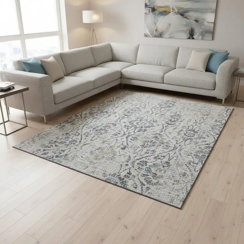 Gray And Blue Floral Washable Area Rug With UV Protection Photo 2