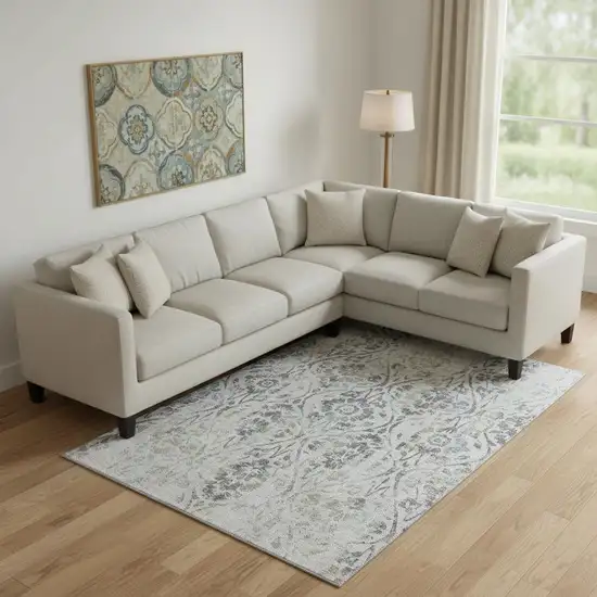 Gray And Blue Floral Washable Area Rug With UV Protection Photo 1