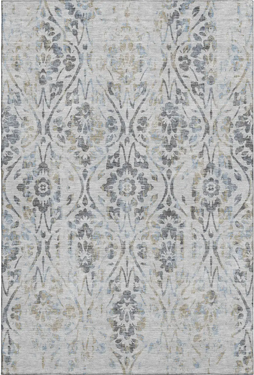 Gray And Blue Floral Washable Area Rug With UV Protection Photo 1