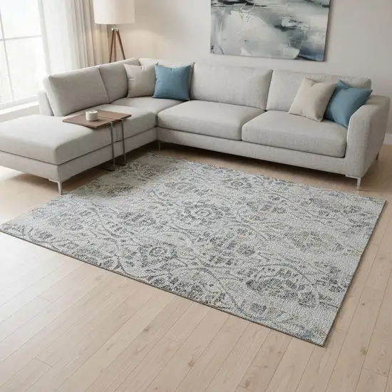 Gray And Blue Floral Washable Area Rug With UV Protection Photo 2