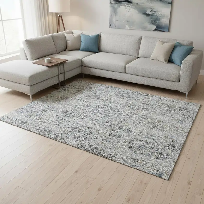 Gray And Blue Floral Washable Area Rug With UV Protection Photo 2