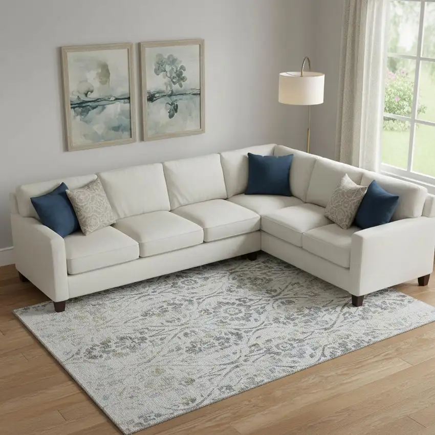 Gray And Blue Floral Washable Area Rug With UV Protection Photo 1