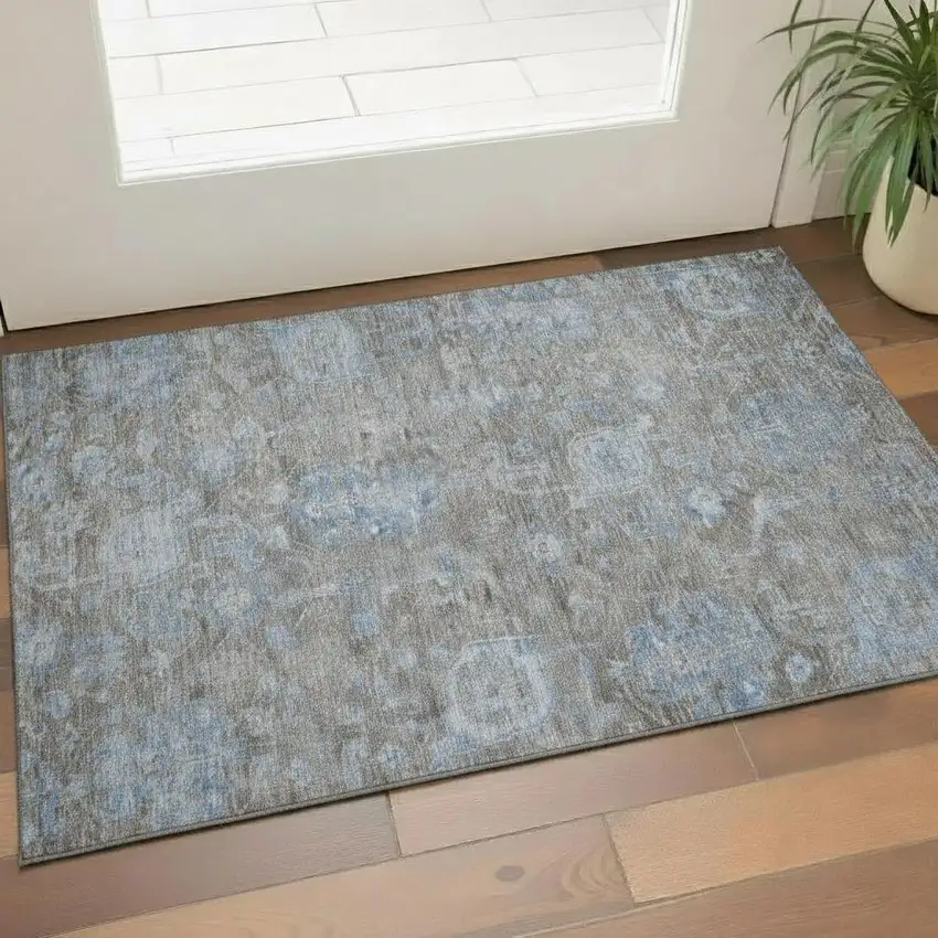 Gray And Blue Floral Washable Area Rug With UV Protection Photo 2