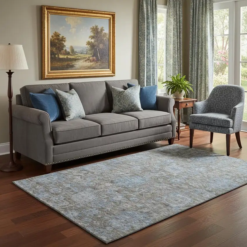 Gray And Blue Floral Washable Area Rug With UV Protection Photo 2