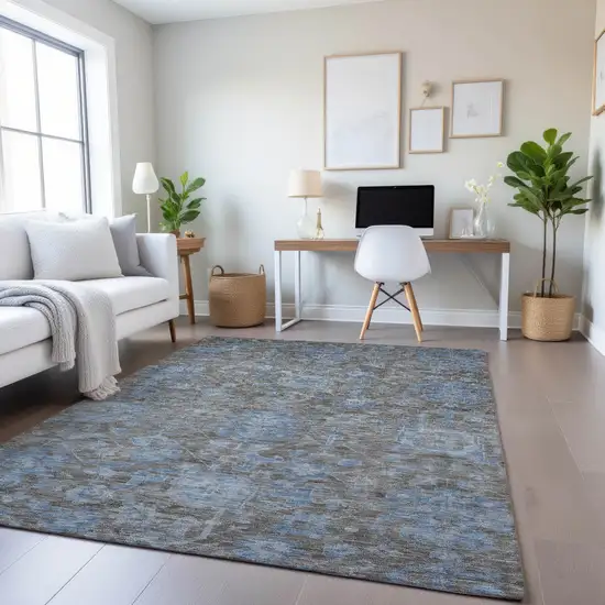 Gray And Blue Floral Washable Area Rug With UV Protection Photo 4