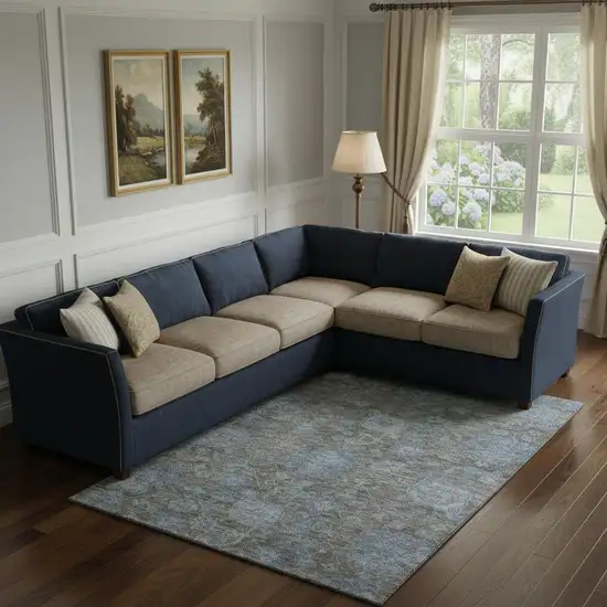 Gray And Blue Floral Washable Area Rug With UV Protection Photo 2