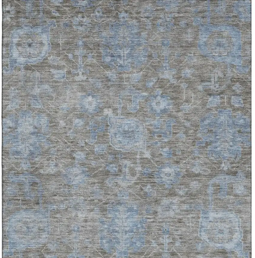 Gray And Blue Floral Washable Area Rug With UV Protection Photo 2
