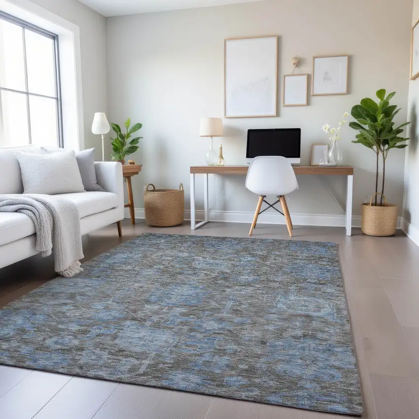 Gray And Blue Floral Washable Area Rug With UV Protection Photo 4