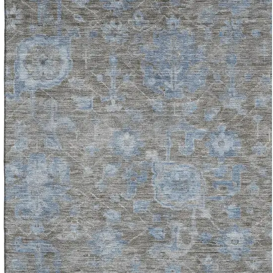 Gray And Blue Floral Washable Area Rug With UV Protection Photo 2