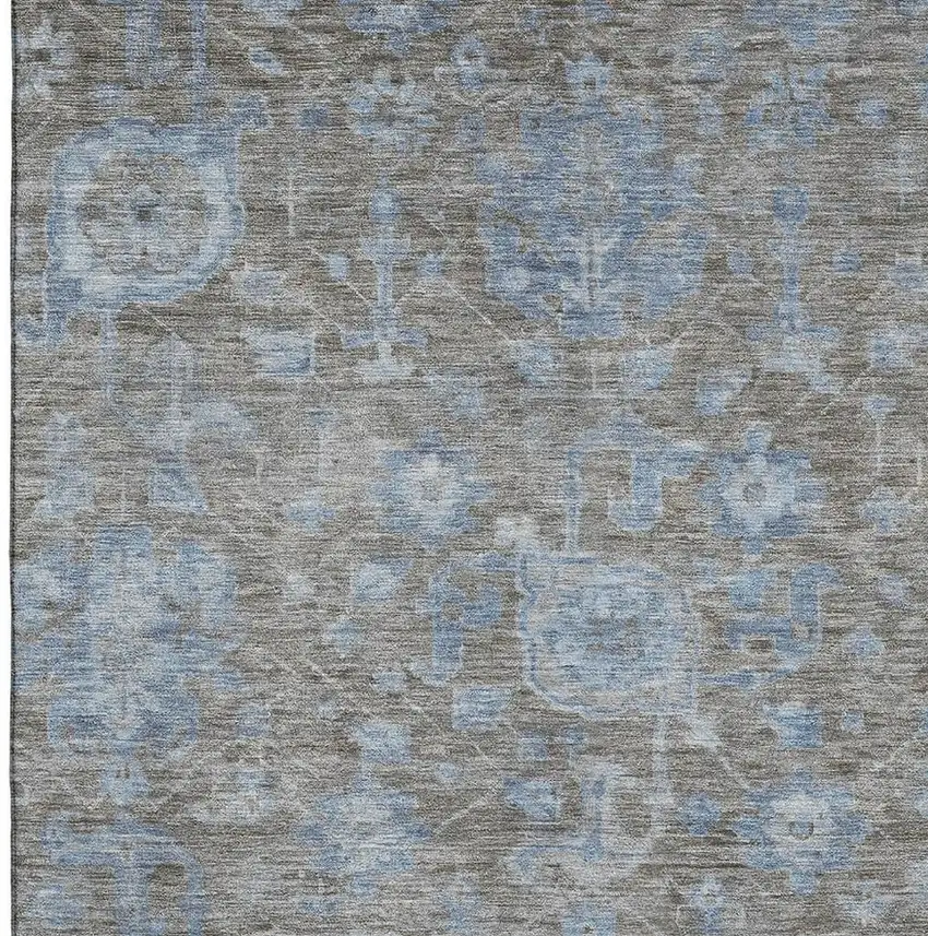 Gray And Blue Floral Washable Area Rug With UV Protection Photo 2