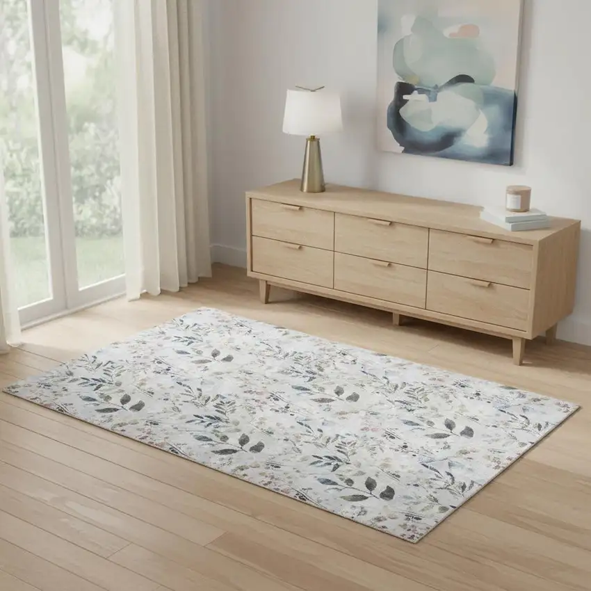 Gray And Blue Floral Washable Non Skid Area Rug Photo 1