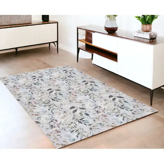 Gray And Blue Floral Washable Non Skid Area Rug Photo 1
