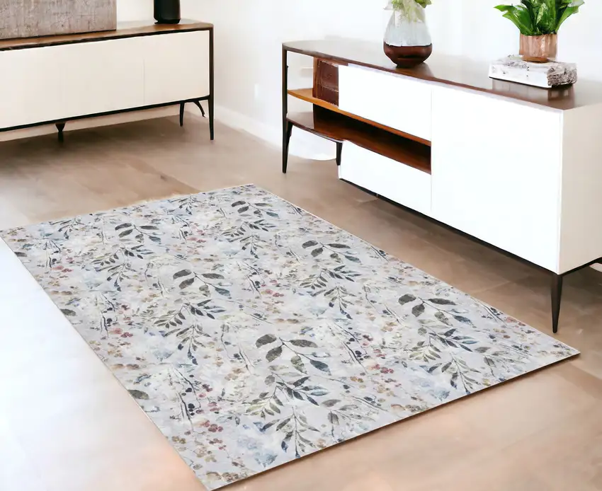 Gray And Blue Floral Washable Non Skid Area Rug Photo 1