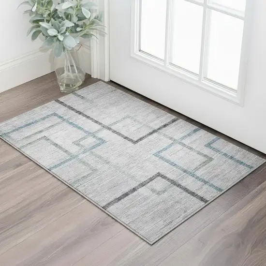 Gray And Blue Geometric Washable Area Rug With UV Protection Photo 2