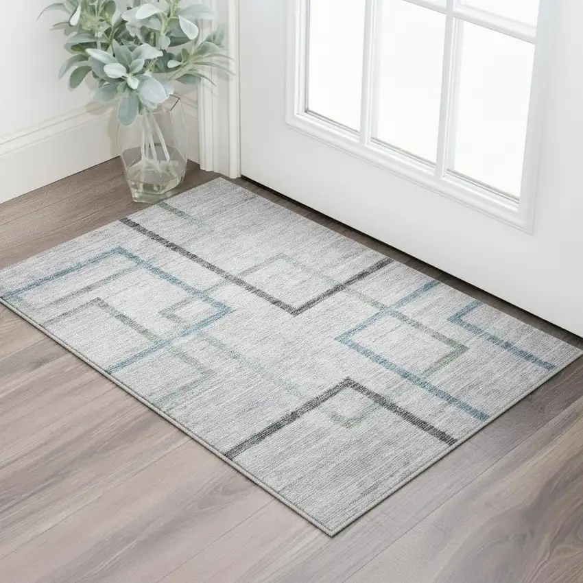 Gray And Blue Geometric Washable Area Rug With UV Protection Photo 2