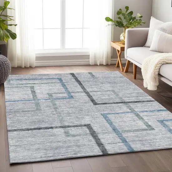 Gray And Blue Geometric Washable Area Rug With UV Protection Photo 6