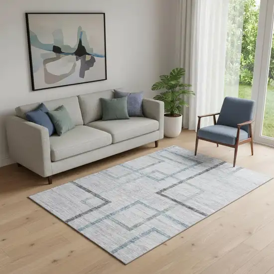 Gray And Blue Geometric Washable Area Rug With UV Protection Photo 1