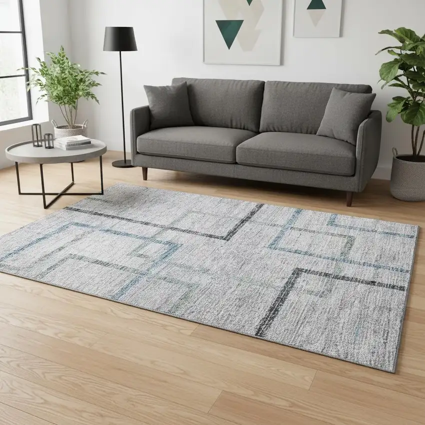 Gray And Blue Geometric Washable Area Rug With UV Protection Photo 2