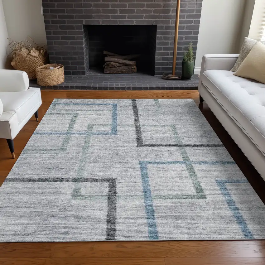 Gray And Blue Geometric Washable Area Rug With UV Protection Photo 5