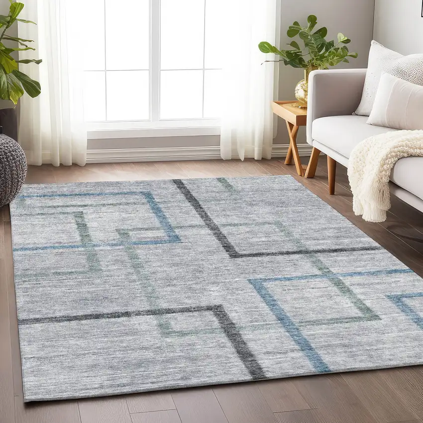 Gray And Blue Geometric Washable Area Rug With UV Protection Photo 6