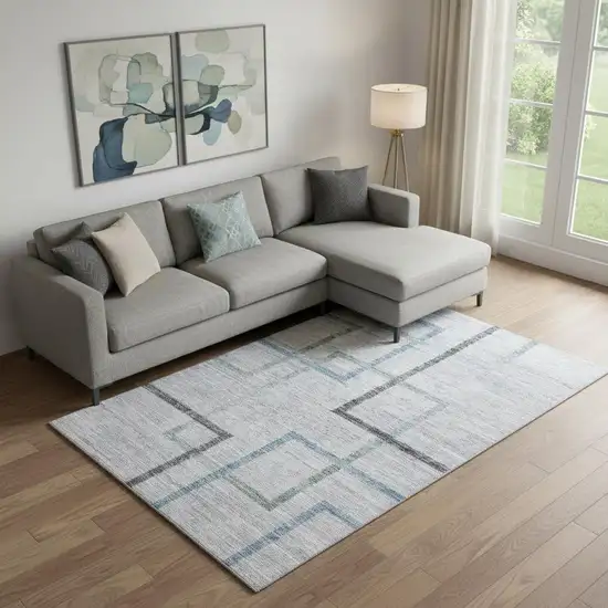 Gray And Blue Geometric Washable Area Rug With UV Protection Photo 1