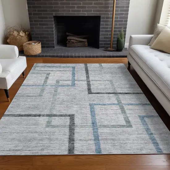 Gray And Blue Geometric Washable Area Rug With UV Protection Photo 5
