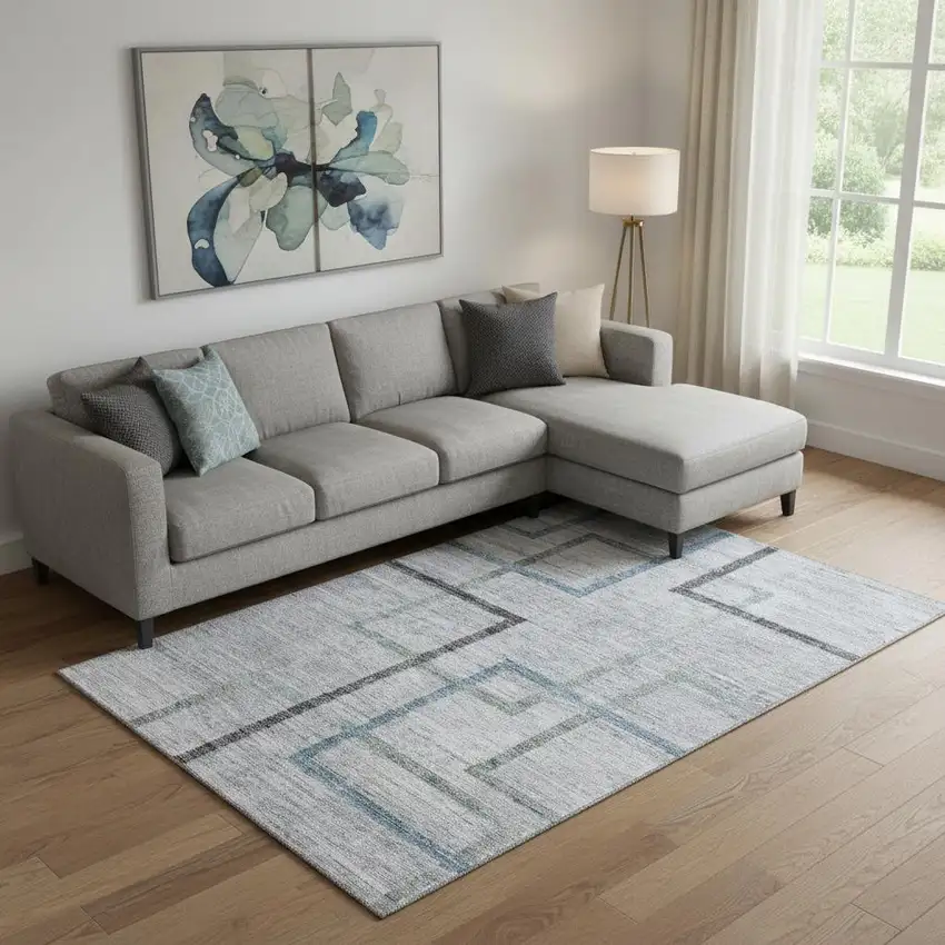 Gray And Blue Geometric Washable Area Rug With UV Protection Photo 1