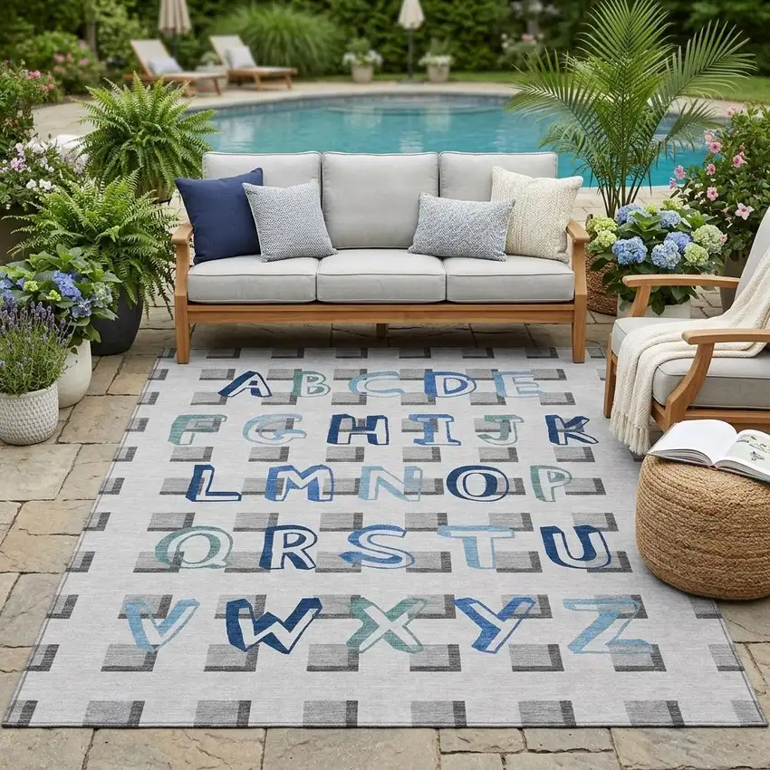 Gray And Blue Geometric Washable Indoor Outdoor Area Rug Photo 1