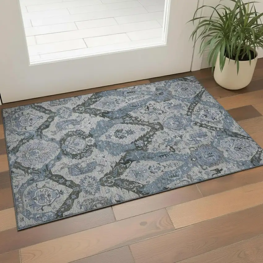 Gray And Blue Ikat Washable Area Rug With UV Protection Photo 2