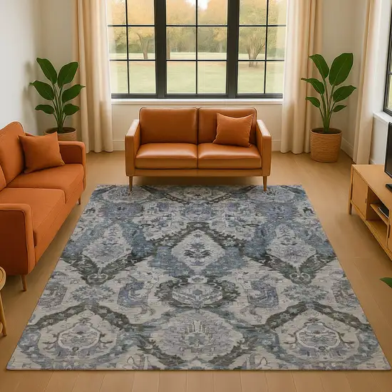 Gray And Blue Ikat Washable Area Rug With UV Protection Photo 5