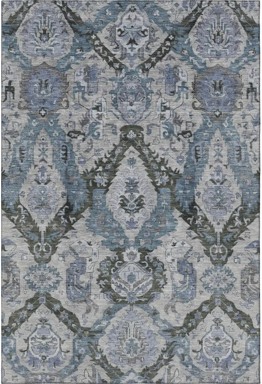 Gray And Blue Ikat Washable Area Rug With UV Protection Photo 4