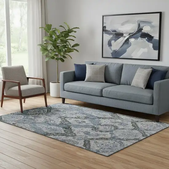 Gray And Blue Ikat Washable Area Rug With UV Protection Photo 2