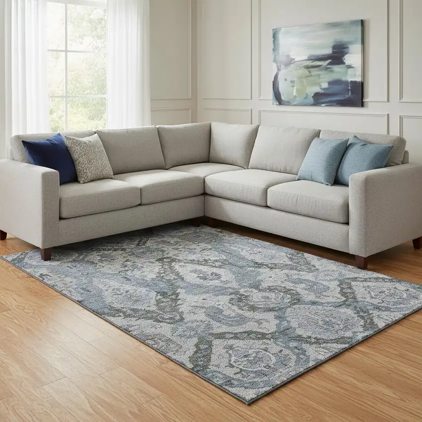 Gray And Blue Ikat Washable Area Rug With UV Protection Photo 2