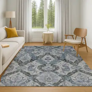 Photo of Gray And Blue Ikat Washable Area Rug With UV Protection