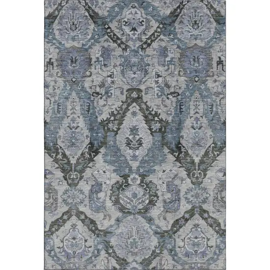Gray And Blue Ikat Washable Area Rug With UV Protection Photo 1