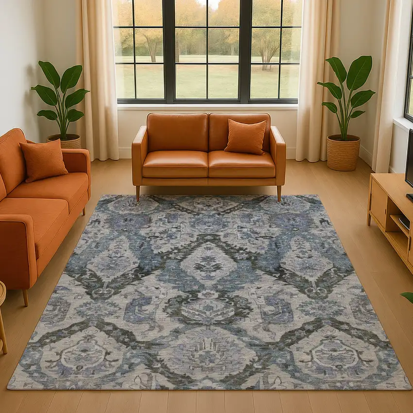 Gray And Blue Ikat Washable Area Rug With UV Protection Photo 5
