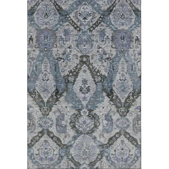 Gray And Blue Ikat Washable Area Rug With UV Protection Photo 4