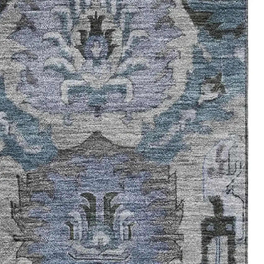 Gray And Blue Ikat Washable Area Rug With UV Protection Photo 3