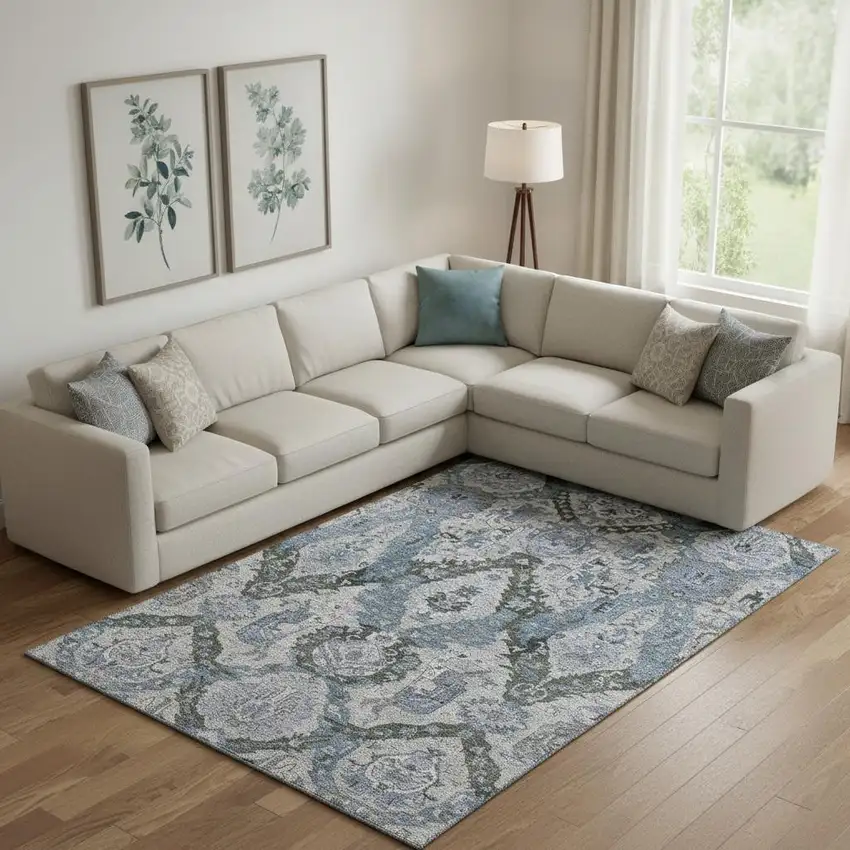 Gray And Blue Ikat Washable Area Rug With UV Protection Photo 2