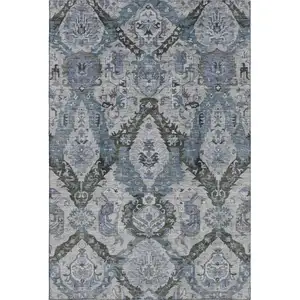 Photo of Gray And Blue Ikat Washable Area Rug With UV Protection