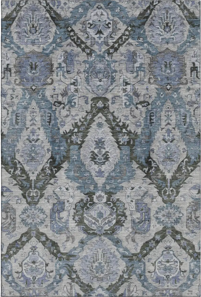 Gray And Blue Ikat Washable Area Rug With UV Protection Photo 1