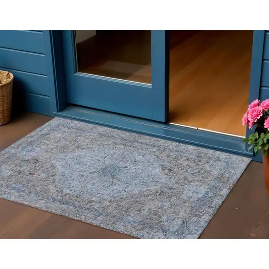 Gray And Blue Oriental Washable Indoor Outdoor Area Rug Photo 2