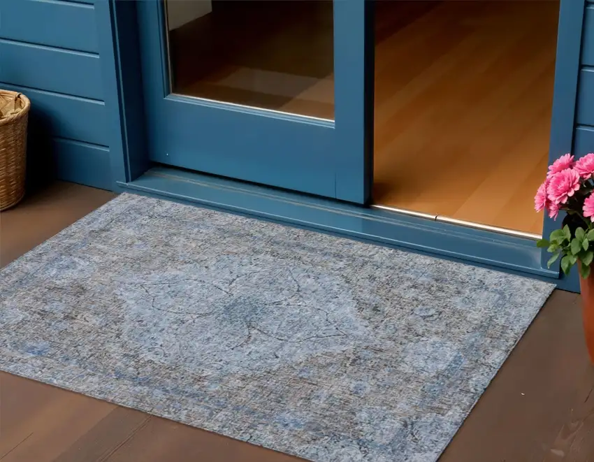 Gray And Blue Oriental Washable Indoor Outdoor Area Rug Photo 2