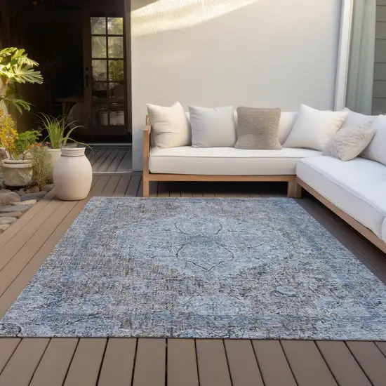 Gray And Blue Oriental Washable Indoor Outdoor Area Rug Photo 5