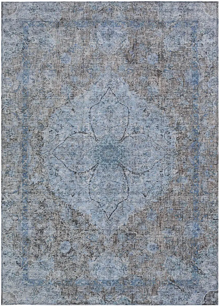 Gray And Blue Oriental Washable Indoor Outdoor Area Rug Photo 4